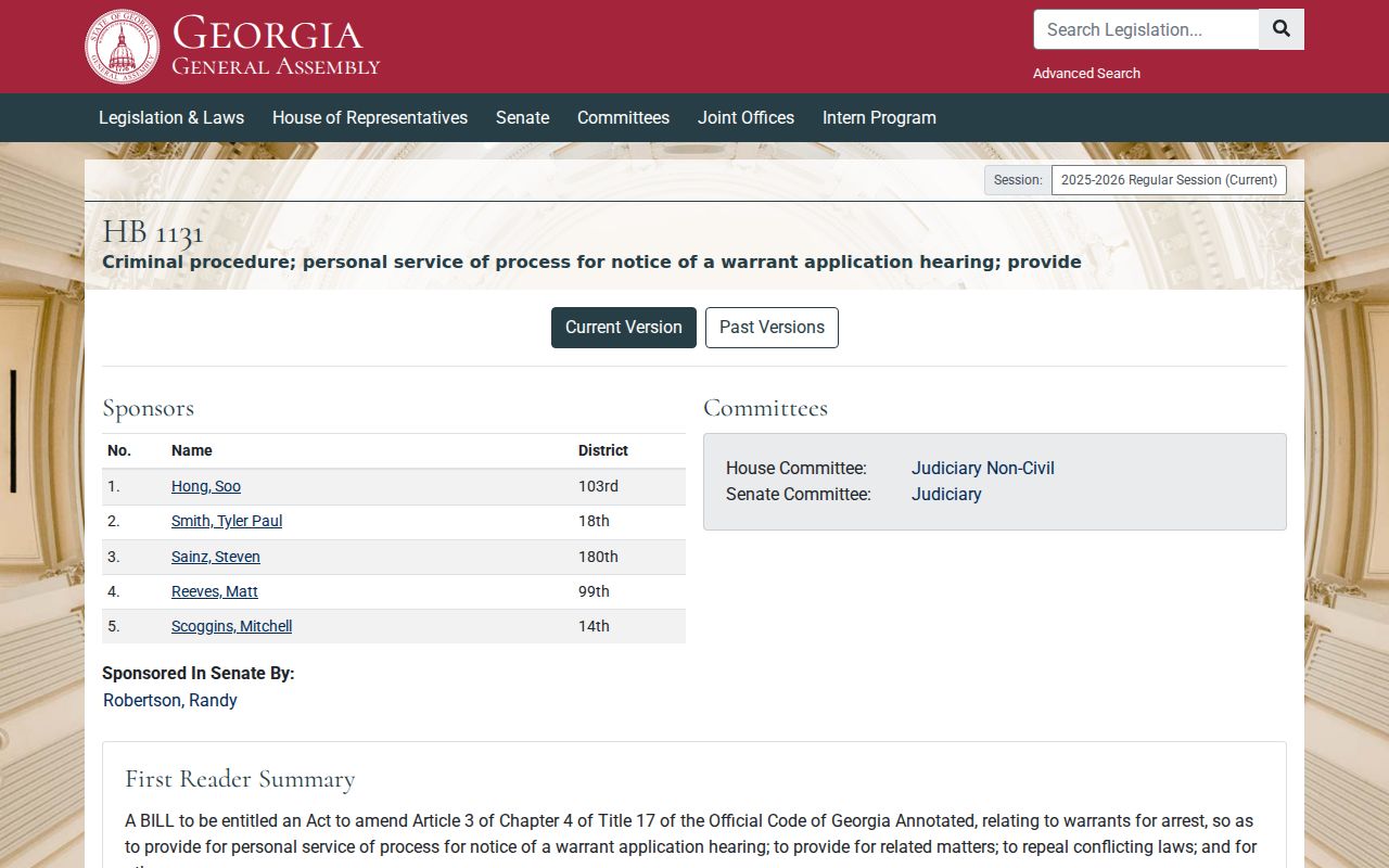 Georgia HB 1131 bill page for Irwin County arrest warrant procedure